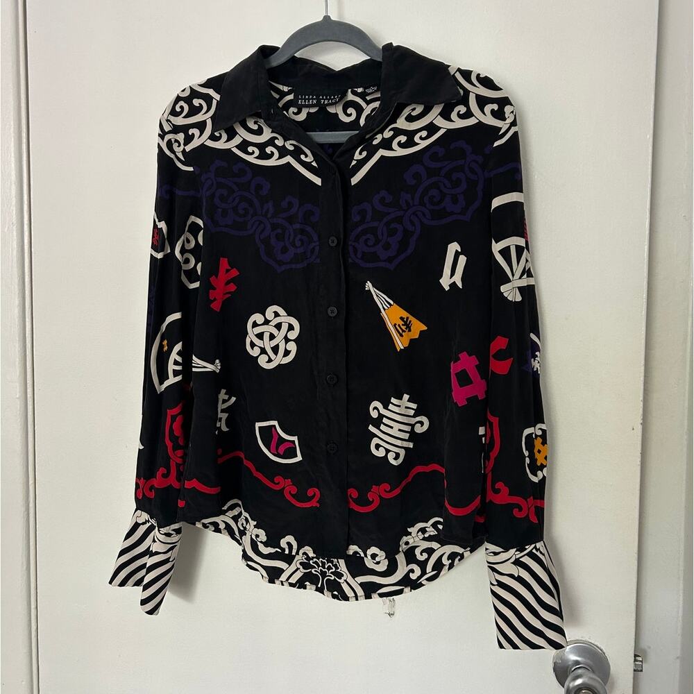 Vintage 90s Ellen Tracy 100% Silk Baroque Print Button-Down Blouse - Picture 2 of 6